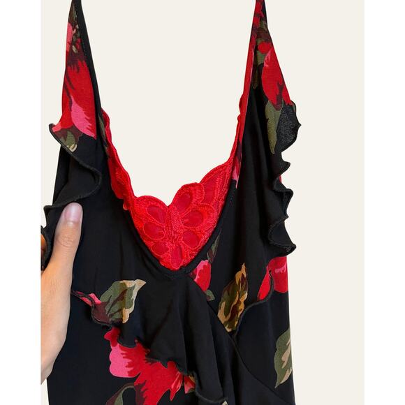 Vintage Bebe 2000s Black Red Floral Halter Dress | Size Small | Date-Night Y2K - Picture 3 of 7